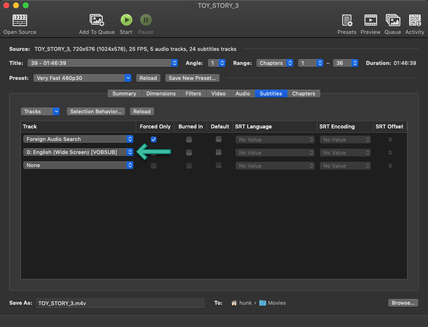 handbrake bake subtitles into 1 audio track