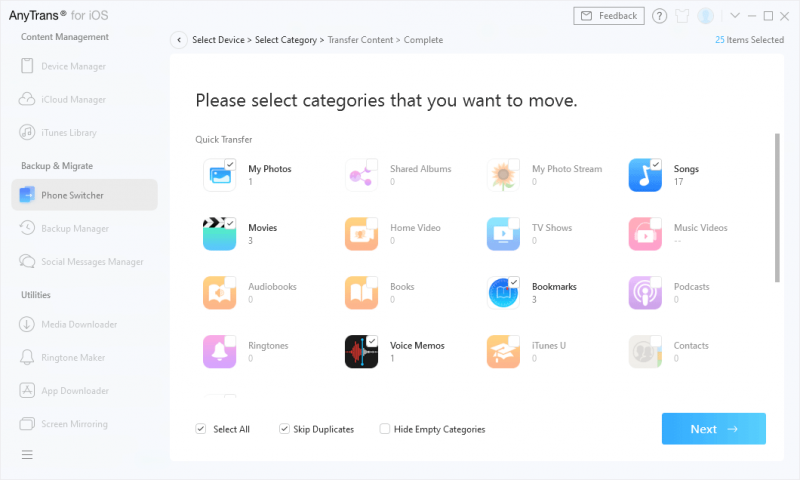 Phone to iPhone: Select What to Move